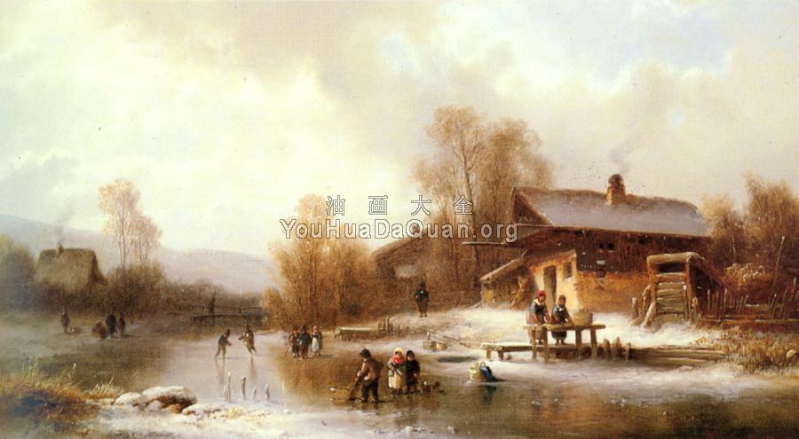 Skaters And Washerwomen In A Frozen Landscape - 安东·道尔